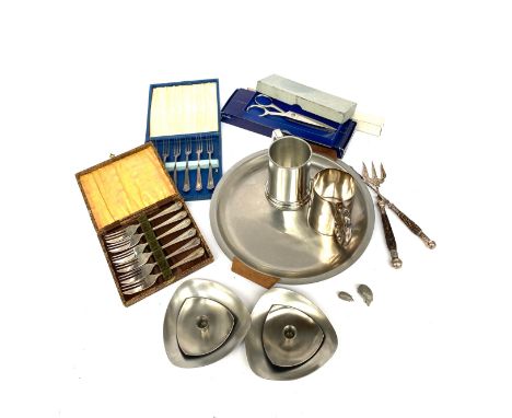 A mixed lot of metal items to include; two cased sets of silver plated forks each containing six, a pair of Price's candlesti