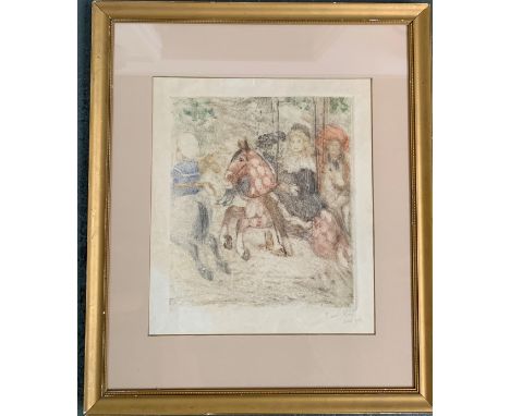 Ferdinand Michl (Czech, 1877-1951), girls riding carousel, mixed media sketch, signed 'Ferd Michl Paris 1906', lower right, t