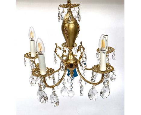 A gilt metal and cut glass drop five armed chandelier of recent manufacture, 46cmW