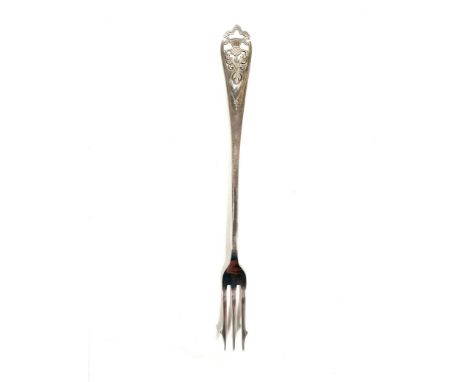 A Scottish silver pickle fork, the terminal with pierced thistle decoration, hallmarked for Francis Howard Ltd, Edinburgh 196