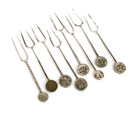 A set of seven Chinese silver export cocktail forks marked WH 90 (probably Wang Hing), and one other similar