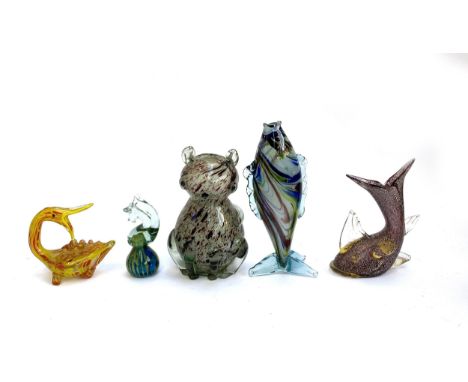 A variety of Murano glass animals to include seahorse signed 'Holina'?, cat 23cmH, swan, fish, etc