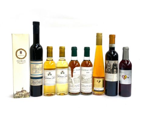 Two bottles 2020 Château Liot Sauternes, 37.5cl; two bottles  1988 Chateau Pujos, 37.5cl; 1992 Mas Amiel Maury Vintage; etc, 