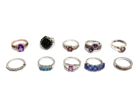 A collection of ten 925 silver gem set rings, to include amethyst, pink topaz, blue topaz etc, gross weight 33g