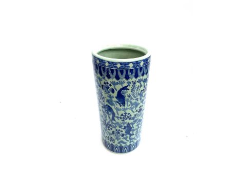 A Chinese blue and white stick stand decorated with carp and plants, Chinese characters to base, 45.5cmH