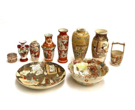 A quantity of Japanese satsuma and Kutani style ceramics to include; vases, bowl, charger, lidded pot