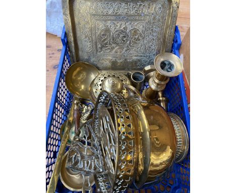 A quantity of brass items to include; Indian twin handled urn with pierced border, two small trivets, pair of candlesticks, t