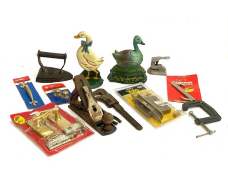 A mixed lot to include, Yale Motice lock, Stanley clamp, record plane, and cast iron duck door stops, etc