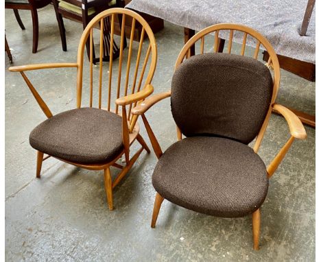 A pair of Ercol stick back open armchairs with cushions, each 69cmW