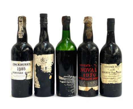 Five bottles of vintage port: 1970 Quinta do Noval Vintage Port; 1985 Cockburn's Vintage Port; 1985 Berry's Own Selection Vin