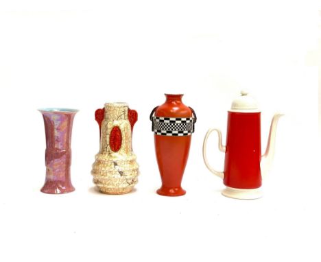 An art deco Rubian Art Pottery vase black and white checkerboard band on a dark orange ground 27cmH, together with an art dec