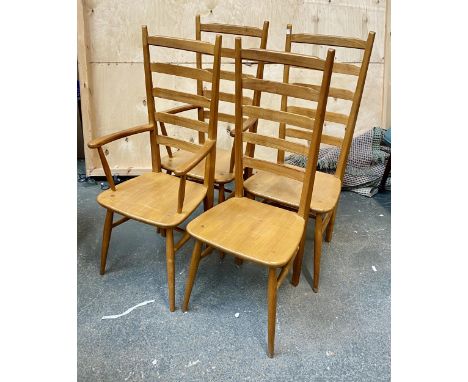 A set of four high ladder back elm side chairs, two with arms, one hallmarked Wiltshire Elmcraft to underside