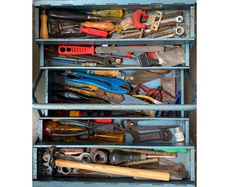 Two vintage tool boxes containing a quantity of hand tools to include; a Stanley pin hammer, adjustable wrenches, rasps, etc
