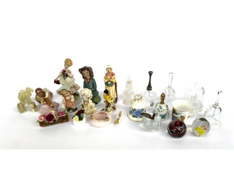 A mixed lot to include; Waterford Marquis decanter, Beswick 'Lady Mouse', continental figures, paperweights, glass bells, ony