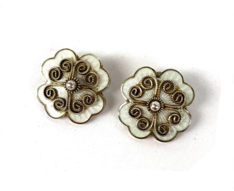 A pair of Norwegian Ivar T Holth silver gilt and enamel quatrefoil clip on earrings with filigree decoration, stamped 925S St