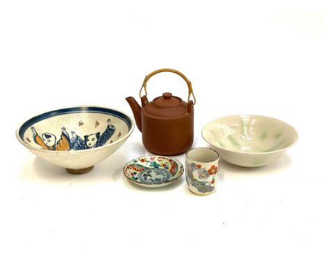 A quantity of Japanese ceramics to include; crackle glaze bowl hand painted with playing children, clay teapot, etc