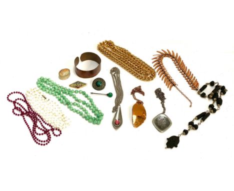 A small quantity of costume jewellery to include gold tone belt; Artform pewter pendant; two Ruskin style arts and crafts bro