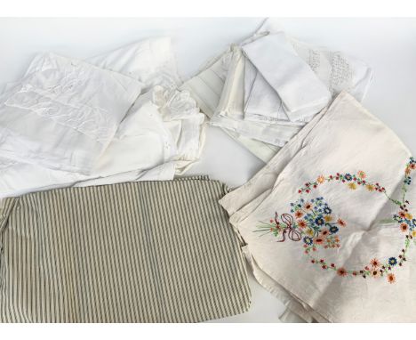 A quantity of vintage bed linens, two broderie anglaise double duvet cover with frilled edge, striped double duvet cover, tog