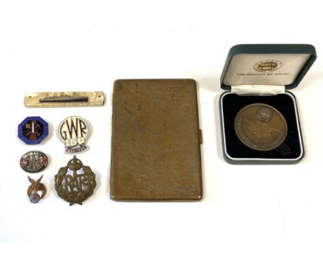 A mixed lot to include brass 'Malaya' map cigarette case by 'Standphast Goldoid'; mother of pearl style inlaid S.S Orford shi