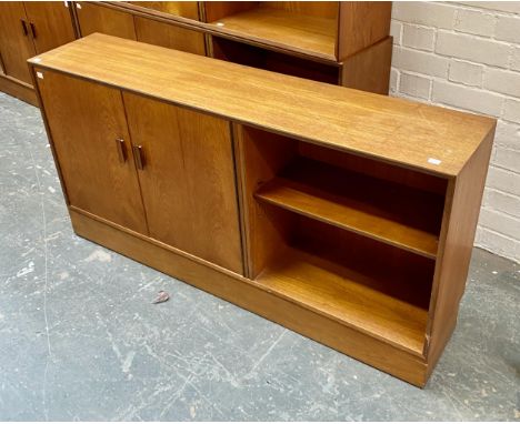 A mid century teak shelving unit, with cupboards and single adjustable shelf, 130x28x65cmH