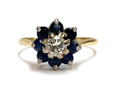 An 18ct gold, sapphire and diamond floral cluster ring, the diamond approx. 4.5mmD, size N 1/2, 2.6g