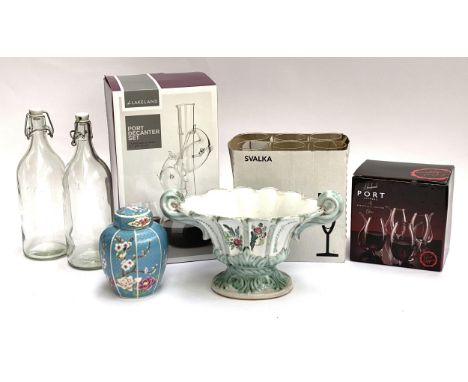A mixed lot of ceramics to include a port decanter, boxed; ceramic twin handled flower vase; Svalka wine glasses etc
