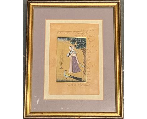 19th century Mughal Gouache on paper, woman with two peacocks playing instruments, 17x12cm