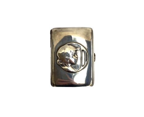 An Edwardian Art Nouveau silver cigarette case, the lid with the head of a young girl in profile, hallmarked for William Hutt