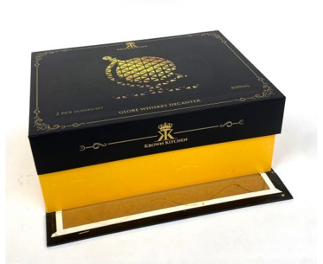 A boxed Krown Kitchen Globe Whiskey Decanter, 850ml, with two glasses, etc