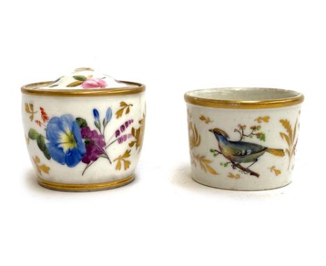 Two small Swansea porcelain rouge pots, hand painted with flowers and birds, heightened in gilt, 3.6cmH