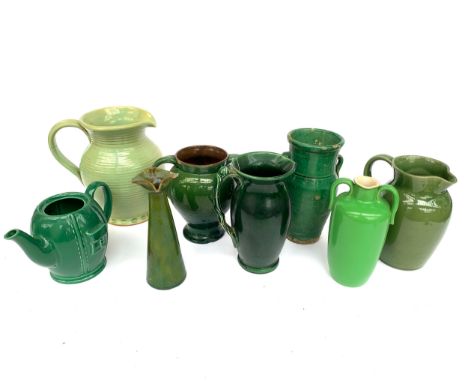 A quantity of green vessels to include Royal Doulton amphora pouring urn stamped 34, large Burton stoneware pitcher 23cmH, st