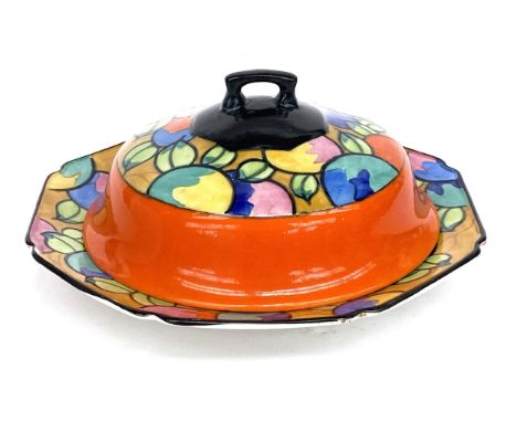 A Charlotte Rhead Bursley Ware lidded muffin dish, tube lined with multicoloured fruits and leaves, 1927, 19.5cmD
