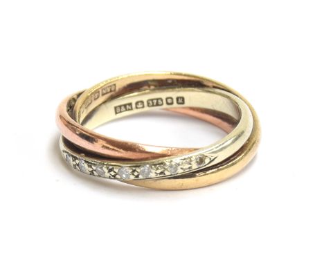 A 9ct three coloured gold 'Russian' style ring, set with diamonds, size J 1/2, 3.6g