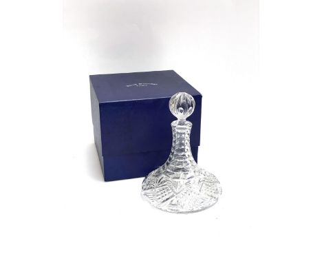 A boxed Derek Burridge cut glass decanter, 26cmH