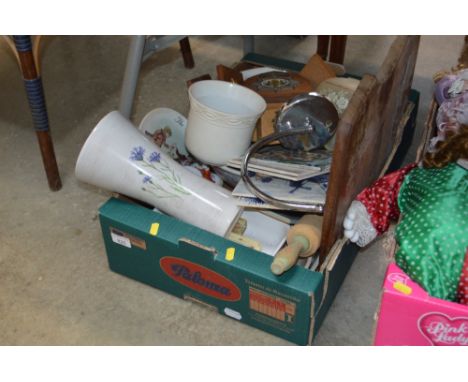 A box of various sundry items to include tiles, plaques, chopping board, rolling pin etc.