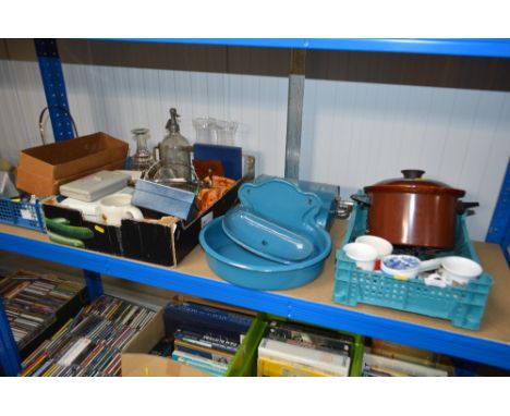 Three boxes of various sundry glass and china; together with an enamel wash basin etc