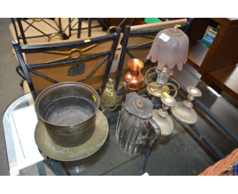 A table lamp with glass shades. candlesticks; pewter teapot; brass jardiniére etc.