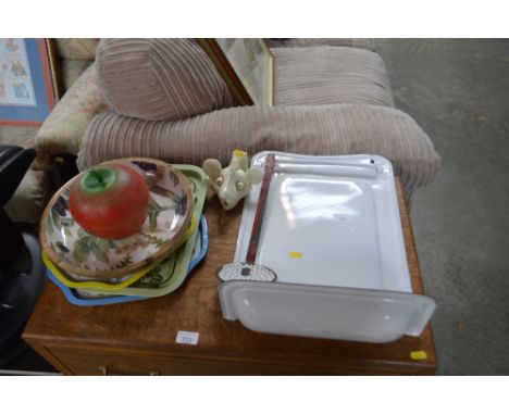 An enamel basin together with a quantity of trays etc.