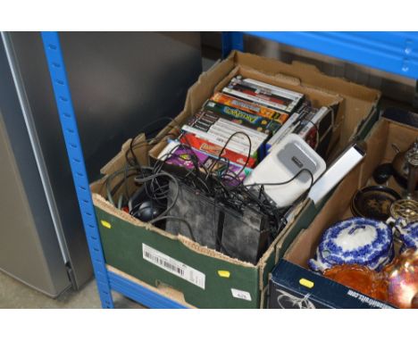 A box containing various computer games; wireless speaker; Playstation 2 etc