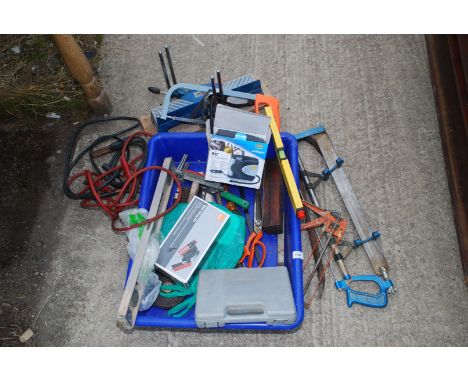 Mitre saw, jump leads, level, wall tiling kit, hand tools, etc.,