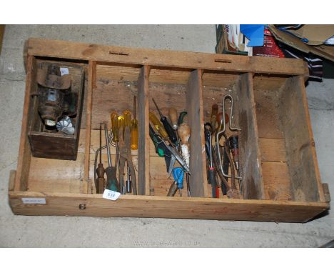 Pine box and contents including hand tools and a mincing machine