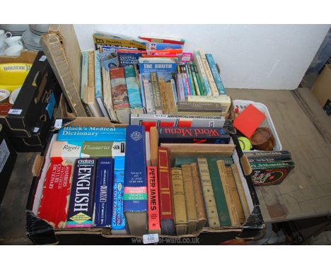 Two boxes of books, gardening, maps, atlas, dictionary etc