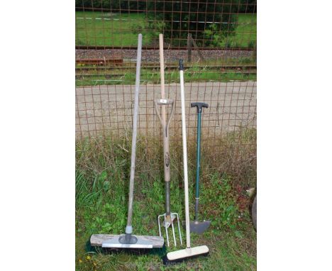 Brooms, fork, garden edger etc