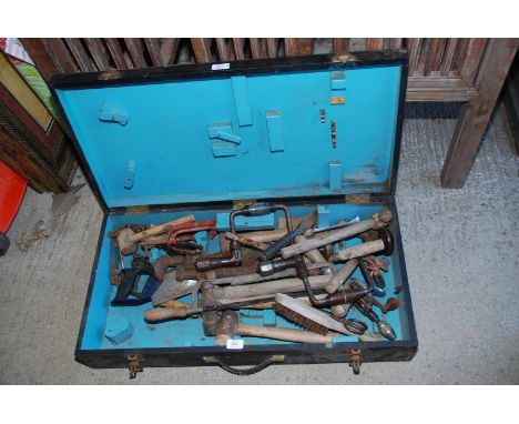 A carpenter's tool box with various hand tools, braces, gauges, saws, etc.,