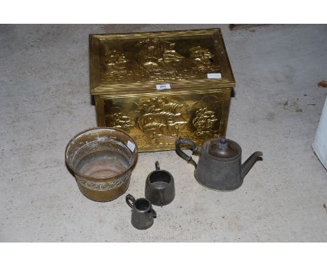 Brass finished stick box, pewter vase etc