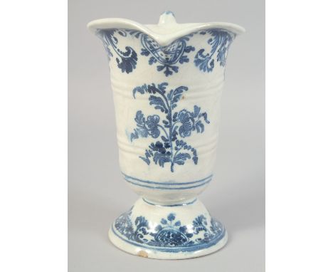 AN 18TH CENTURY ROUEN BLUE AND WHITE HELMET SHAPED JUG. 8ins high.