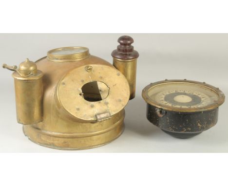 A GOOD EARLY BRASS SHIPS GIMBAL COMPASS with brass housing, TREPAT, BARCELONA.