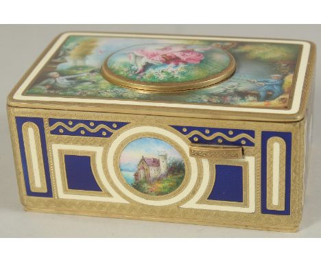 A SUPERB ANTIQUE KARL GRIESBAUN SINGING BIRD BOX AUTOMATON, gilt metal, stamped E.B. in a circle. The top depicting a miniatu