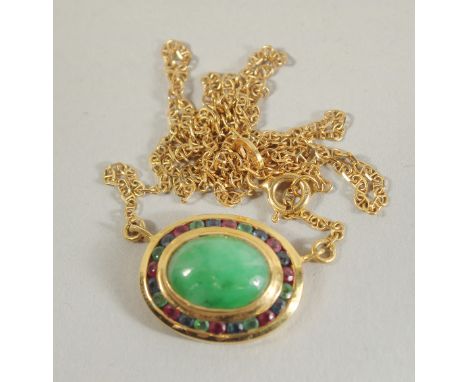 A GOOD 18CT GOLD JADE AND MULTI STONE NECKLACE.