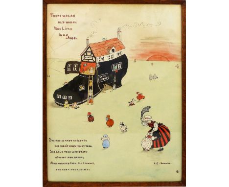 S.C. Burnside, early 20th century, watercolour illustration with verse for "there was an old lady who lived in a shoe", signe